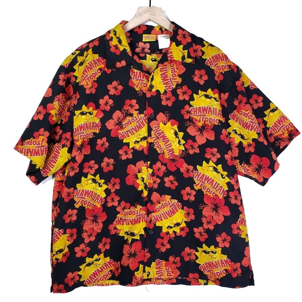 Hawaiian‎ Tropic Button Front Shirt Sz XL Black Red Orange Top Summer